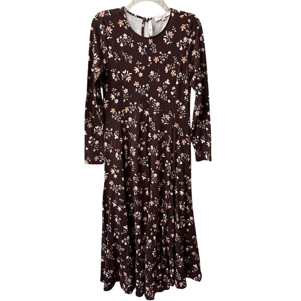 LOFT Floral Long Sleeve Fit And Flare Midi Dress Womens XS Brown Stretchy New
